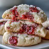 Pile of Soft Chewy Raspberry Sugar Cookies with sparkling sugar coating and bright red raspberry pieces.