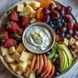 Vibrant Spring Fruit Table Platter with Dipping Yogurt Sauce, arranged with colorful berries, citrus, and tropical fruit slices.
