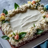 Celebrate First Communion with this moist vanilla sheet cake, elegantly adorned with colorful buttercream flowers and soft green leaves.  
