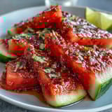 Bright watermelon wedges sprinkled with Tajin seasoning and fresh lime juice offer a sweet-spicy treat perfect for warm-weather gatherings.