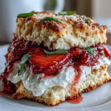 Delectable Strawberry Basil Shortcake Biscuits showing tender, fluffy biscuit layers.