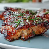 Oven-baked soy glazed chicken thighs, juicy meat coated in a sweet, savory sauce.
