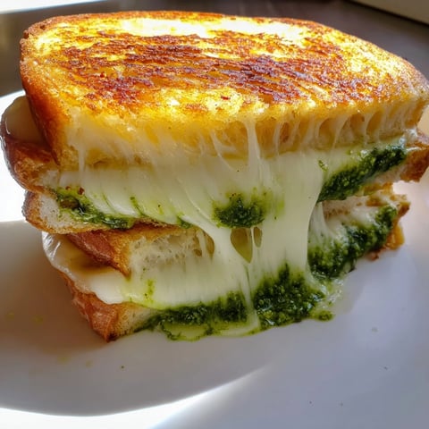 Crispy sourdough pesto grilled cheese sandwich on a plate, golden crust and melted cheese oozing from the side.