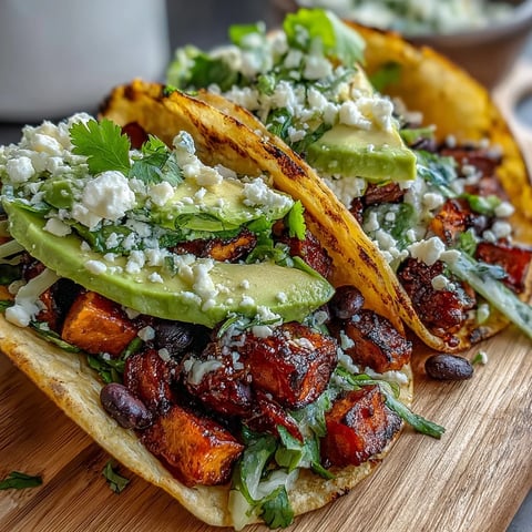 Warm corn tortillas filled with roasted sweet potato cubes, black beans, red cabbage, avocado, and cilantro.  