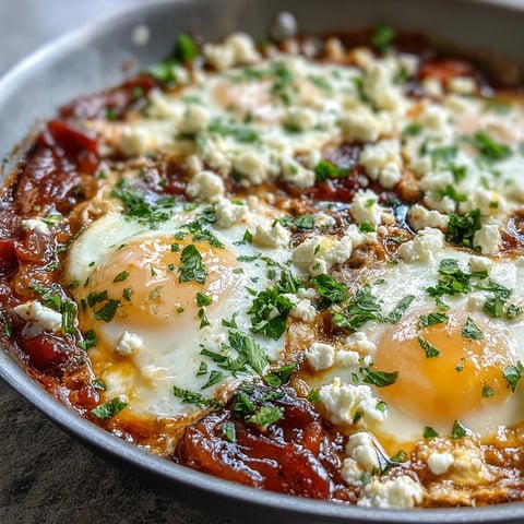 Vibrant shakshuka simmers with poached eggs in a spiced tomato sauce, garnished with fresh parsley and crumbled feta, served with crusty bread for dipping.