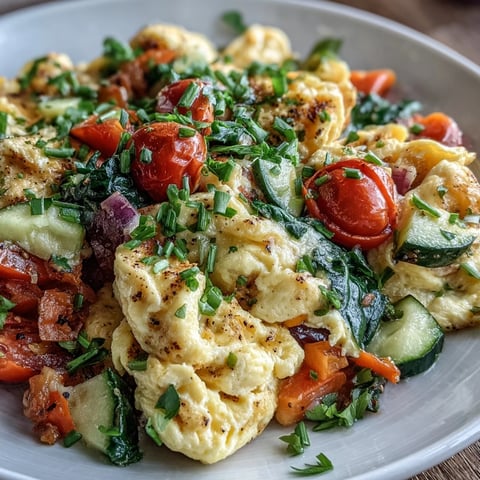 Fluffy scrambled eggs mixed with bright cherry tomatoes and wilted spinach in a skillet.