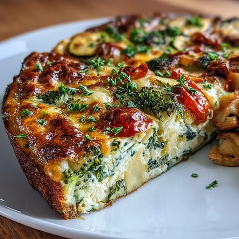 A freshly baked Vegetable Frittata with golden eggs, melted cheddar, and colorful broccoli and bell peppers in a skillet.