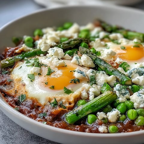 Fresh peas and tender asparagus simmer in a lightly spiced tomato sauce for a vibrant Pea and Broad Bean Shakshuka.