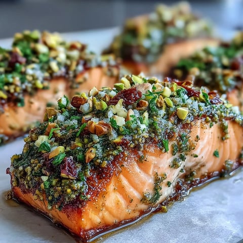 Confit Salmon With Tahini, Pistachio and Herb Crust rests on a plate, its poached, tender flakes peeking through a vibrant green, nutty crust, garnished with lemon wedges.