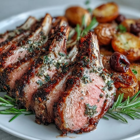 Frenched rack of lamb seasoned with rosemary and thyme, roasted to medium-rare alongside golden baby potatoes studded with bright green olives and fresh parsley.