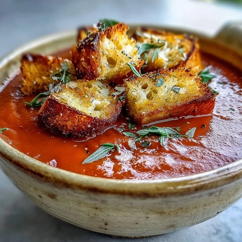 A bowl of Roasted Red Pepper Soup, topped with golden, crunchy croutons, a swirl of cream, and a sprinkle of paprika.