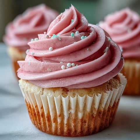 Freshly baked pink velvet cupcakes with vanilla buttercream frosting sit on a white ceramic plate, showcasing their moist crumb and swirls of creamy frosting.
