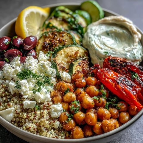 Roasted Mediterranean Buddha Bowl with chickpeas, hummus, and feta on a white plate.