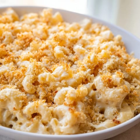 A close-up shot of creamy Classic Oven-Baked Macaroni and Cheese with a crunchy topping ready to eat.