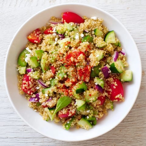 A beautiful, colorful Mediterranean grain bowl, showcasing crispy chickpeas and creamy feta topping the fluffy grains.