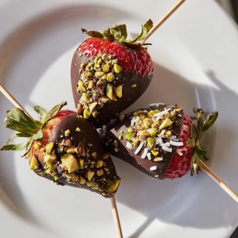 Freshly made chocolate-dipped strawberry skewers adorned with pistachios, perfect party dessert.