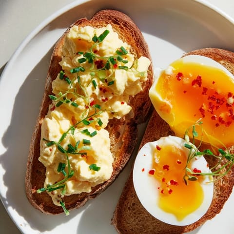 Three egg preparations on toast create this delicious egg flight, a beautiful breakfast with tempting textures.