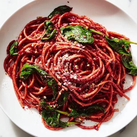 A close-up of Quick Marinara Pasta with Spinach, complete with fresh basil and Parmesan cheese.