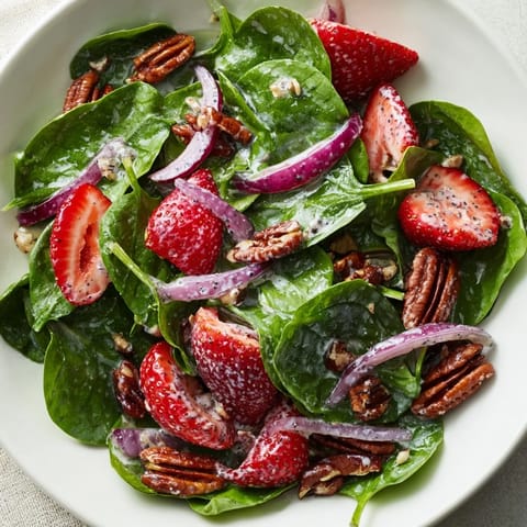 A colorful Strawberry Spinach Salad with creamy poppy seed dressing, perfect for a summer lunch.