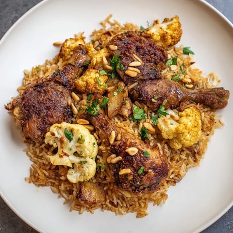 A beautifully inverted Palestinian Maklouba showing layered rice, vegetables and tender chicken.