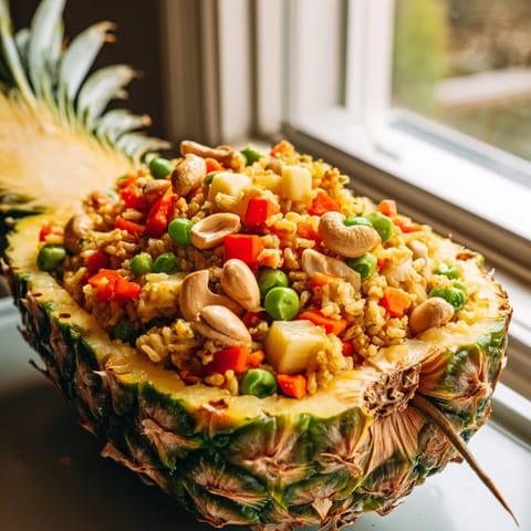 Vibrant Pineapple Fried Rice features sweet pineapple chunks, colorful vegetables, and crunchy cashews for a delicious Thai-inspired presentation.