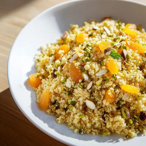 Colorful couscous pilaf with dried apricots, fresh parsley, and lemon wedges on a rustic table.