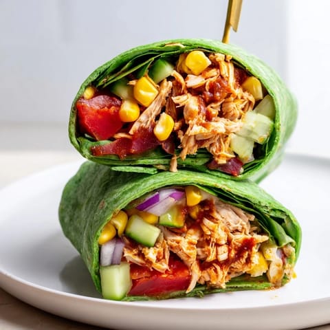 Freshly rolled BBQ Chicken Salad Wrap with vibrant cherry tomatoes and cucumber peeking out, served beside a small bowl of extra BBQ sauce.