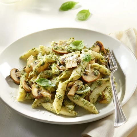 Steaming bowl of homemade mushroom pesto pasta featuring earthy cremini mushrooms, rich cream sauce, and savory Italian flavors.  