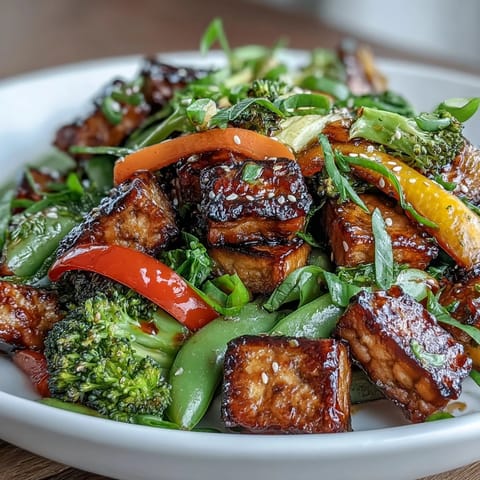A close-up of Vegetable Tempeh Stir-Fry showcases colorful carrots, broccoli, and snap peas tossed with nutty tempeh and sesame seeds.  