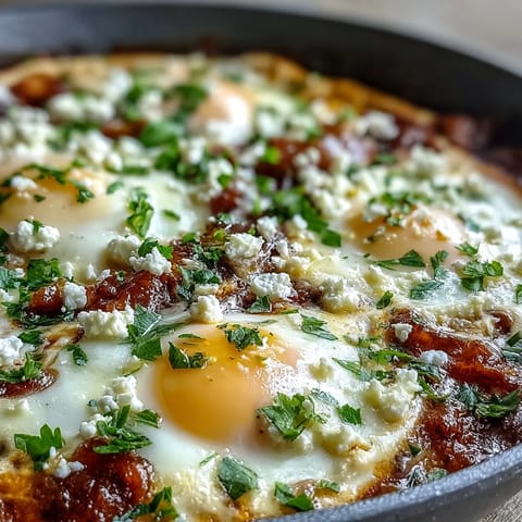 A skillet of bubbling shakshuka showcases runny-yolked eggs nestled in a rich, paprika-infused tomato and pepper sauce, ready for a savory breakfast or brunch.