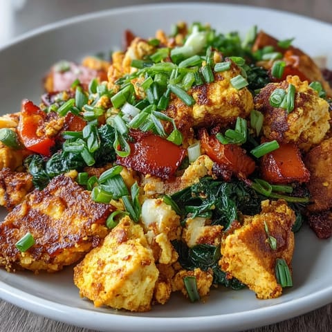 Golden Tofu Scramble sizzling in a skillet with colorful bell peppers, onions, and wilted spinach, garnished with fresh chives.