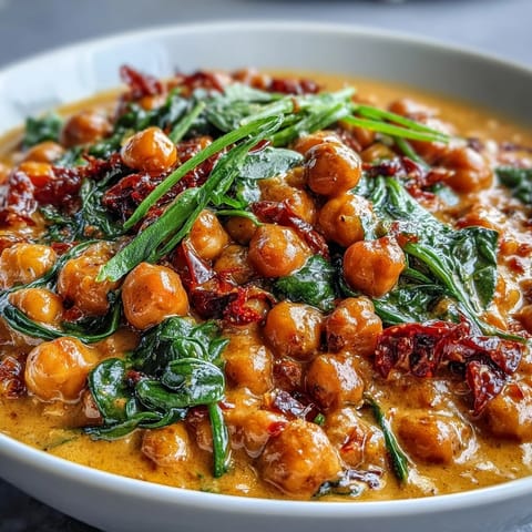 Close-up of vibrant Chickpea Curry in a skillet, featuring tender chickpeas simmering in aromatic coconut milk sauce.  
