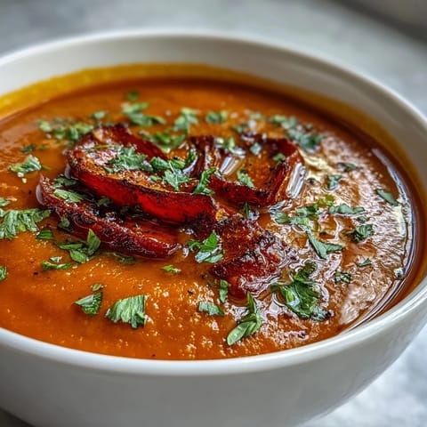 A bowl of homemade Roasted Vegetable Soup, featuring golden blended carrots, sweet potato, and red bell pepper, garnished with fresh parsley and toasted seeds.