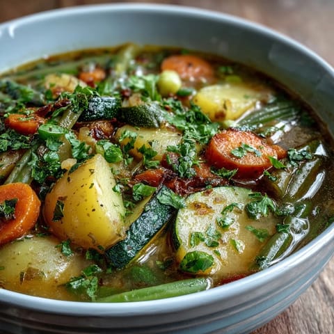 Potato and Vegetable Soup served hot in a rustic mug beside crusty bread for dipping, perfect for a comforting fall dinner.  