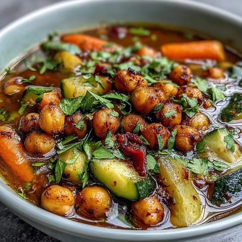 Spiced Chickpea and Vegetable Soup simmering in a pot, showing a rich tomato broth with zucchini, carrots, and kale.