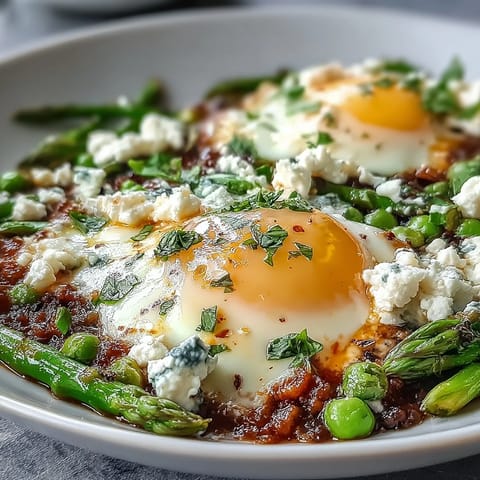 Runny-yolk eggs cook in the bubbling sauce, garnished with crumbled feta and fresh herbs for a savory finish.
