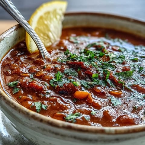 Tomato Lentil Soup served in a rustic bowl with a slice of crusty bread.