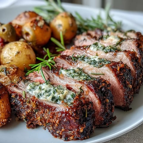 One-Pan Roast Rack of Lamb and Green Olive Potatoes served elegantly for two, ready to slice with juicy pink centers and a zesty lemon-caper olive topping.