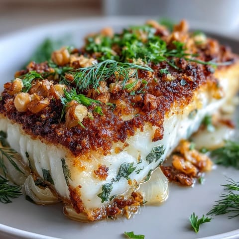 Golden-baked halibut fillets topped with a crunchy lemon walnut pangrattato, served on a bed of roasted fennel slices.