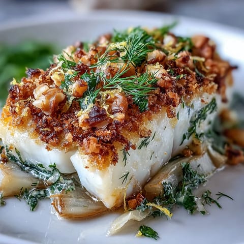 Tender baked halibut with bright lemon zest and aromatic fennel, finished with a crispy walnut and herb pangrattato topping.