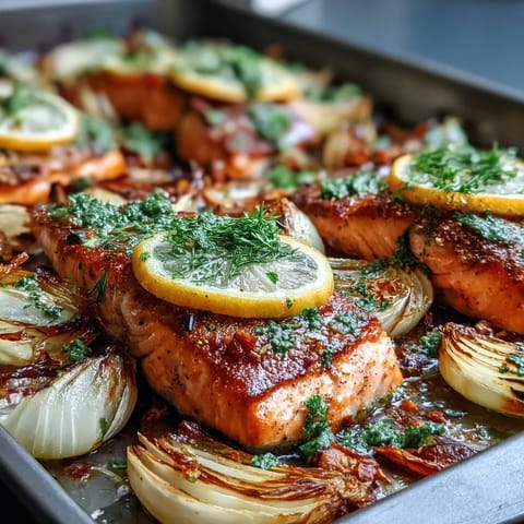 A close-up of One-Pan Roast Salmon With Leeks, Onions, and Parsley Dressing, garnished with fresh lemon slices and vibrant green herbs. 