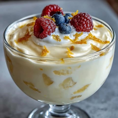 Chilled Lemon Fool layered in crystal glasses with bright yellow lemon cream.