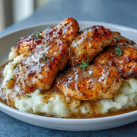 Four boneless chicken breasts rest in a slow cooker, smothered in a glossy honey mustard sauce flecked with whole grain mustard and minced garlic, ready for slow cooking.  