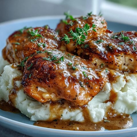 Tender, juicy Slow Cooker Honey Mustard Chicken breasts are served over fluffy mashed potatoes, generously drizzled with velvety golden sauce and a sprinkle of paprika.  