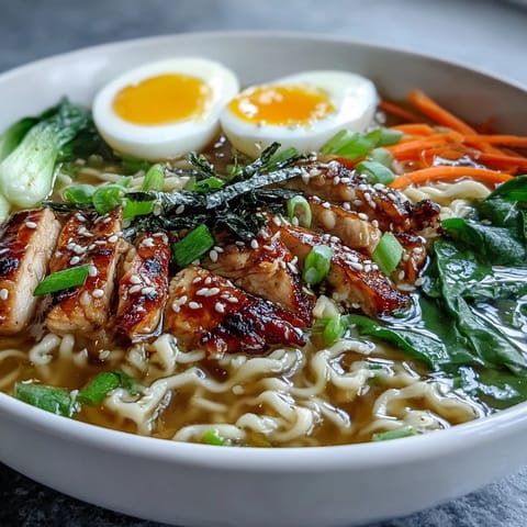 Healthy Miso Chicken Noodle Bowls topped with halved soft-boiled eggs, sesame seeds, scallions, and a drizzle of chili oil.
