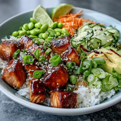 Golden-brown baked salmon cubes glisten atop fluffy white rice in a vibrant Baked Salmon Rice Bowl, garnished with fresh cucumber and carrots.
