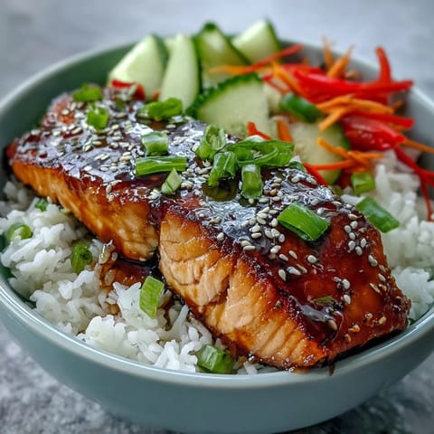 Close-up of the Asian-Inspired Salmon Bowl showing glazed salmon fillet over fluffy rice.