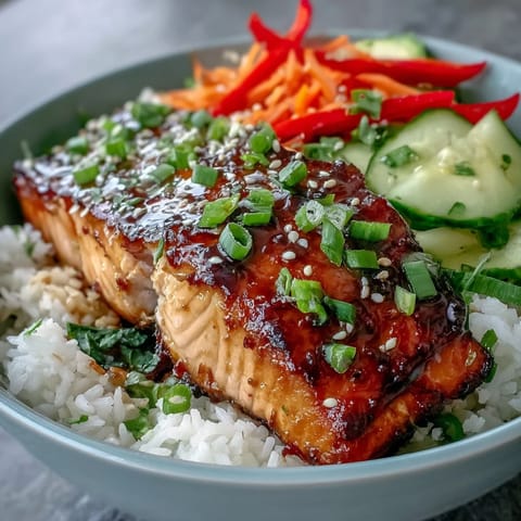 Steamed jasmine rice topped with soy-ginger glazed salmon and vibrant julienned vegetables in a ceramic bowl.
