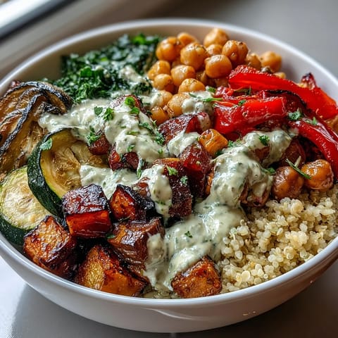 Vibrant Mediterranean Buddha Bowl Meal Prep showcases bulgur pilaf with pistachios, roasted eggplant, kale, and tahini dressing in glass containers.