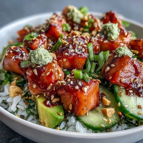 Freshly assembled Avocado Salmon Bowl with tender salmon, creamy avocado slices, and fluffy sushi rice, drizzled with chili oil and garnished with peanuts.